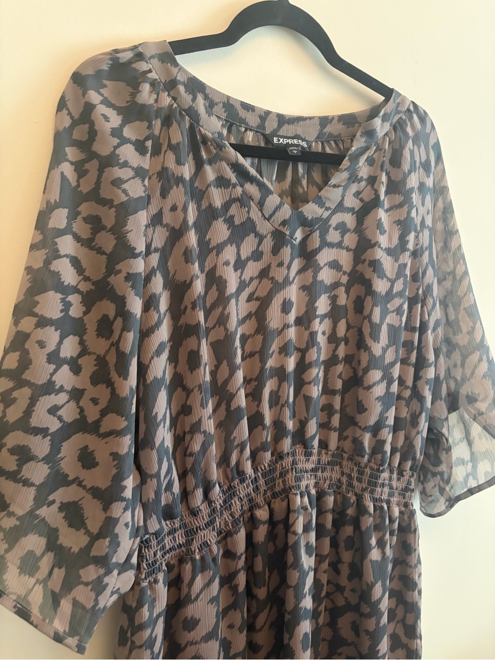 Express Taupe and Black Leopard Print Smocked Waist Dress Women’s Large - Picture 2 of 8